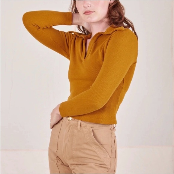 BIG BUD PRESS 70s Mustard Long Sleeve Cotton Collared Thermal Fisherman Polo XXS - Picture 5 of 13